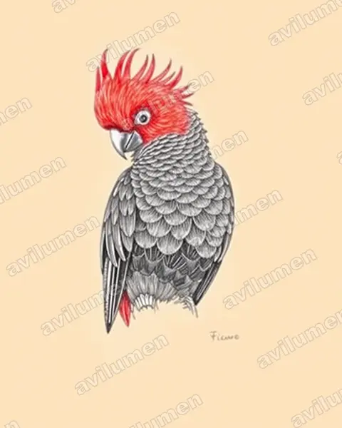 Illustration Crayon de couleur : Callocephalon fimbriatum (Cacatoès à tête rouge)