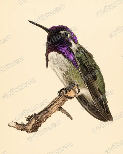 Ilustración en Lámina antigua: Calypte costae (Colibrí de Costa​)