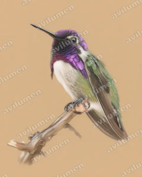Ilustración en Lápiz de color: Calypte costae (Colibrí de Costa​)