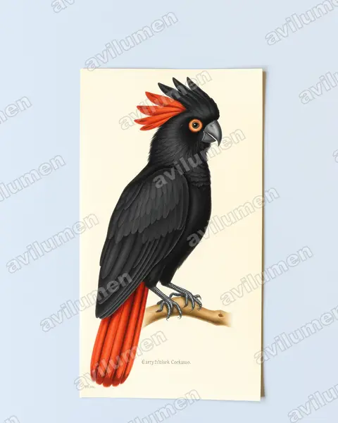 Ilustración en Lámina antigua: Calyptorhynchus banksii (Cacatúa colirroja)