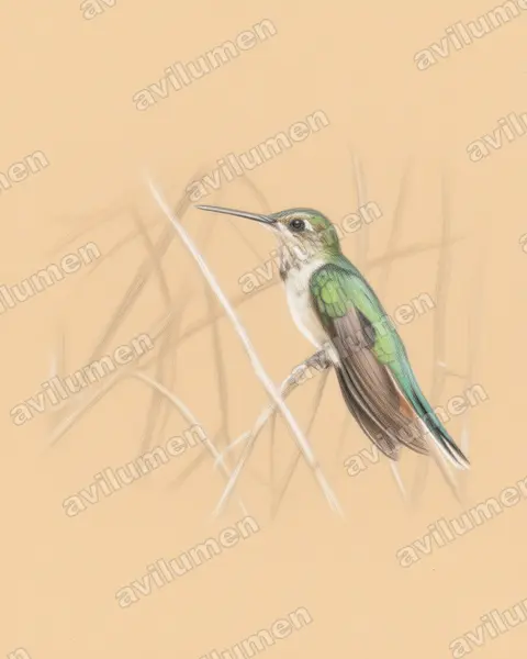 干旱林刀翅蜂鸟（Campylopterus calcirupicola）的彩色铅笔插画