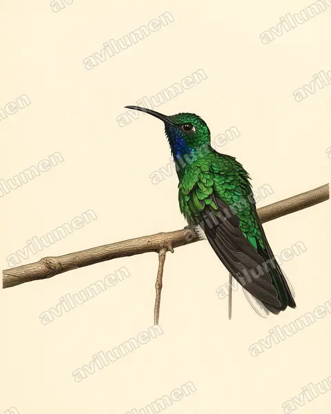 Illustration im Stil Historische Tafel: Weißschwanz-Degenflügel (Campylopterus ensipennis)