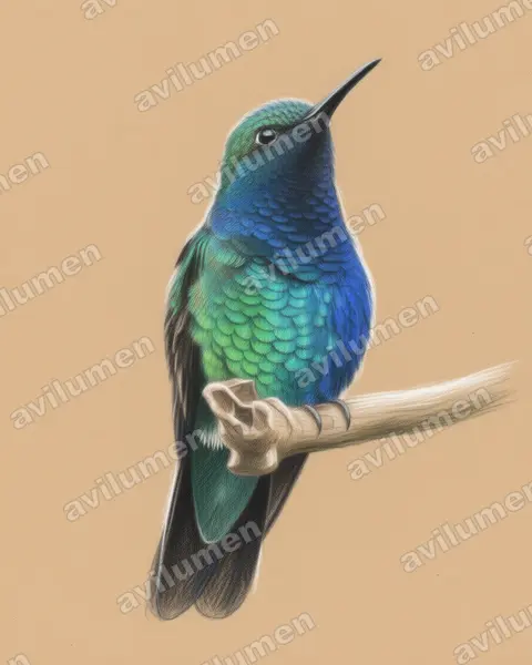 Illustration im Stil Buntstift: Santa-Marta-Degenflügel (Campylopterus phainopeplus)