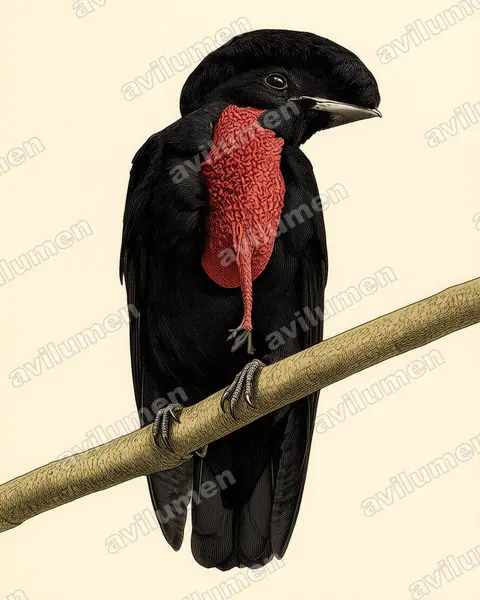 Illustration im Stil Historische Tafel: Bare-necked Umbrellabird (Cephalopterus glabricollis)