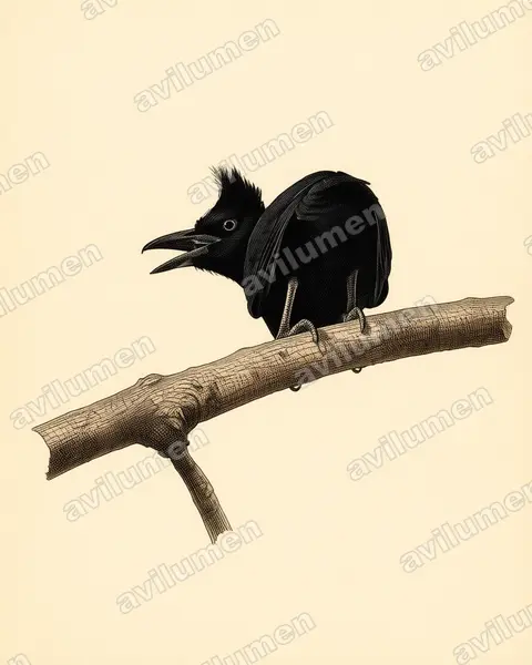 Ilustración en Lámina antigua: Cephalopterus ornatus (Paragüero ornado)