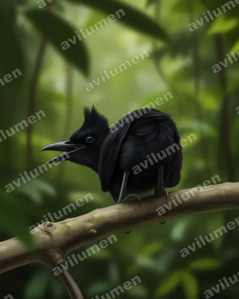 Ilustración en Realista: Cephalopterus ornatus (Paragüero ornado)