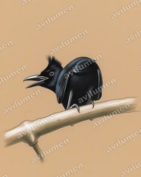 Ilustración en Lápiz de color: Cephalopterus ornatus (Paragüero ornado)