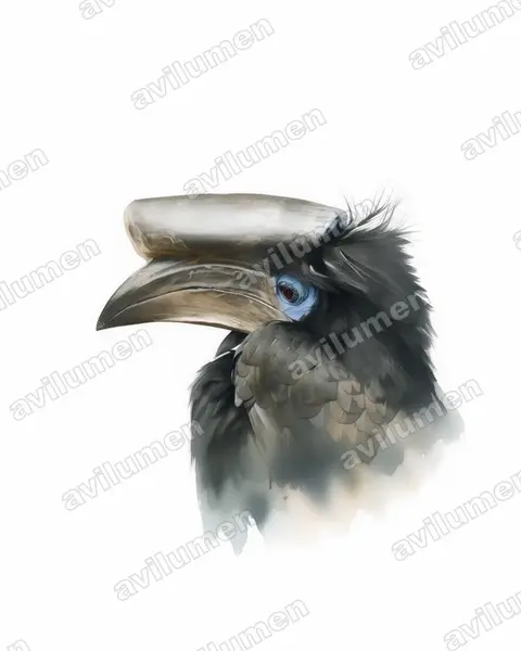 Illustration Aquarelle : Ceratogymna atrata (Calao à casque noir)