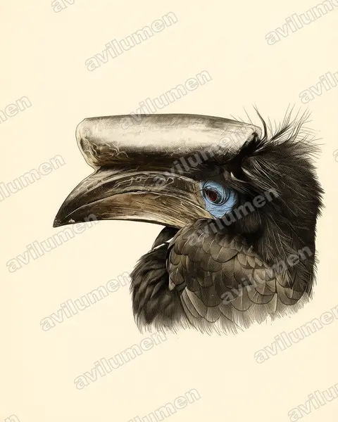 Illustration Planche ancienne : Ceratogymna atrata (Calao à casque noir)