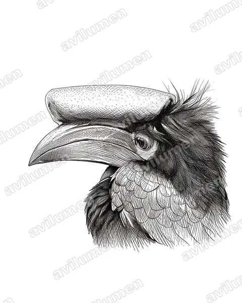 Illustration Encre : Ceratogymna atrata (Calao à casque noir)