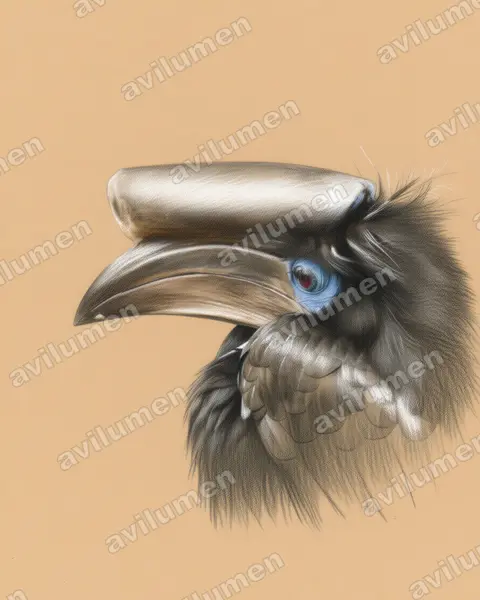 Illustration Crayon de couleur : Ceratogymna atrata (Calao à casque noir)