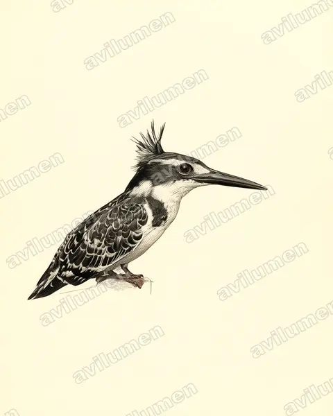 Ilustración en Lámina antigua: Ceryle rudis (Martín pescador pío)