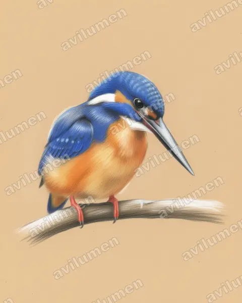Illustration Crayon de couleur : Ceyx azureus (Martin-pêcheur à dos bleu)