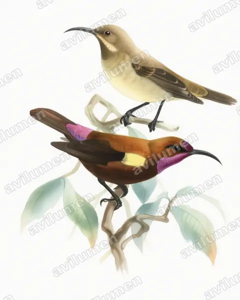 Carmelite Sunbird（Chalcomitra fuliginosa）的水彩插画