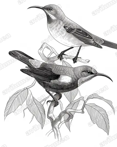 Carmelite Sunbird（Chalcomitra fuliginosa）的钢笔墨线插画