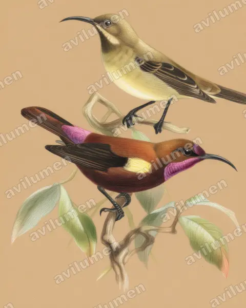 Carmelite Sunbird（Chalcomitra fuliginosa）的彩色铅笔插画