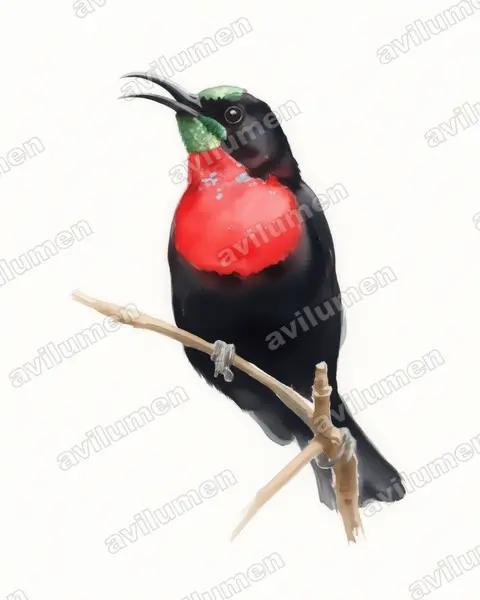 Scarlet-chested Sunbird（Chalcomitra senegalensis）的水彩插画