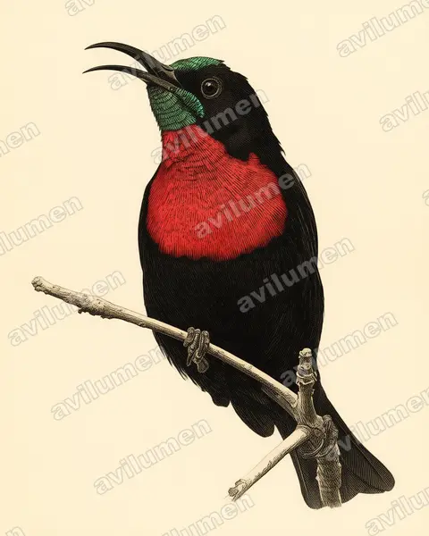 Scarlet-chested Sunbird（Chalcomitra senegalensis）的古典图版插画