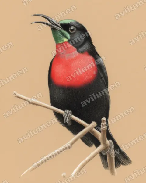 Scarlet-chested Sunbird（Chalcomitra senegalensis）的彩色铅笔插画