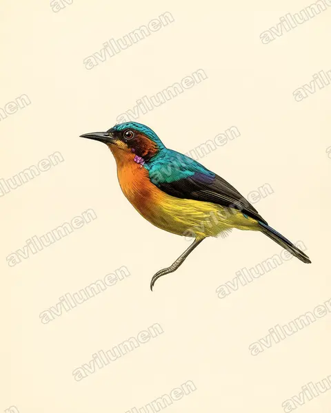 Ilustración en Lámina antigua: Chalcoparia singalensis (Suimanga Carirrubí)