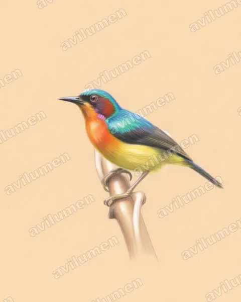 Ilustración en Lápiz de color: Chalcoparia singalensis (Suimanga Carirrubí)