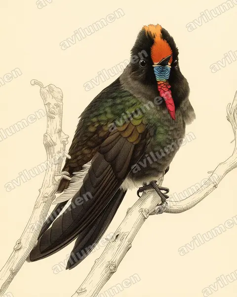 Ilustración en Lámina antigua: Chalcostigma herrani (Colibrí de Herrán)