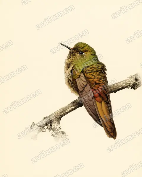 Ilustración en Lámina antigua: Chalcostigma heteropogon (Colibrí picoespina)