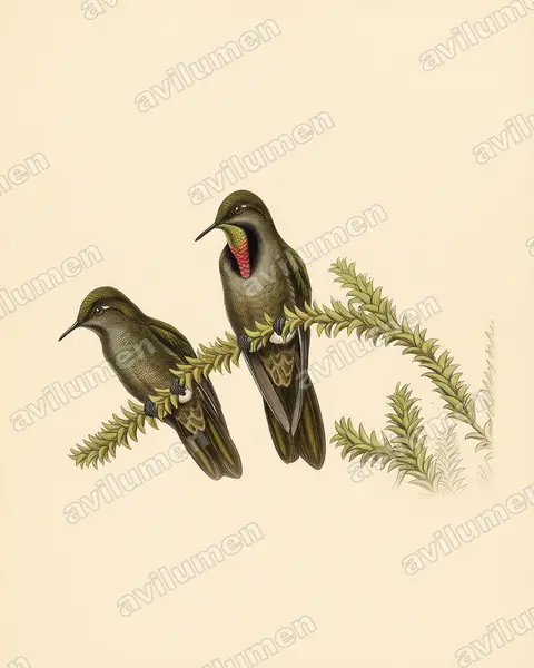 Illustration im Stil Historische Tafel: Braunglanzschwänzchen (Chalcostigma olivaceum)