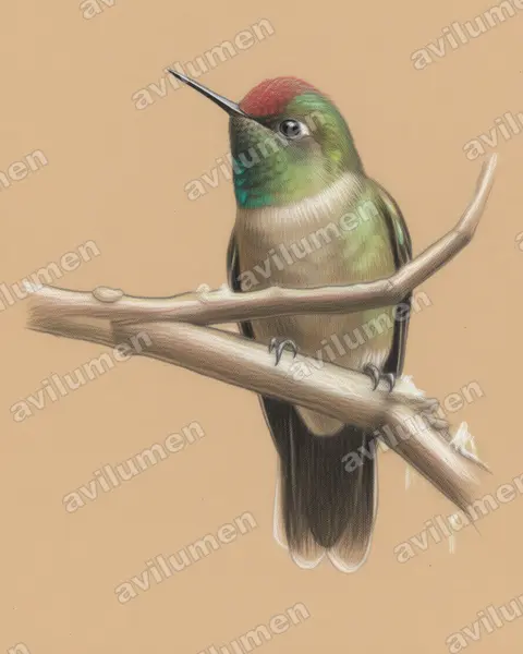 Colored pencil illustration: Chalcostigma ruficeps (Rufous-capped thornbill)