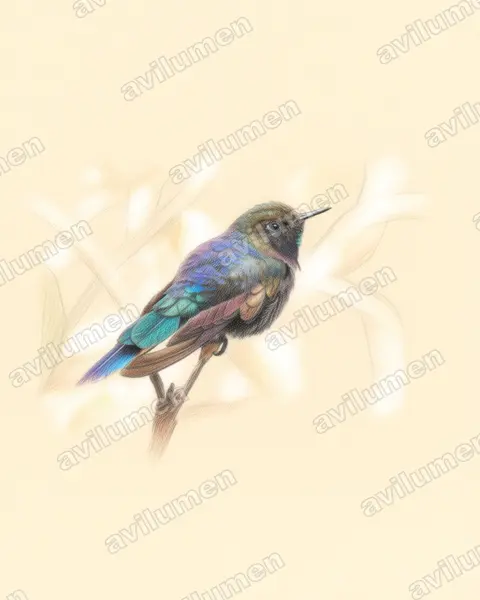 Colored pencil illustration: Chalcostigma stanleyi (Blue-mantled thornbill)
