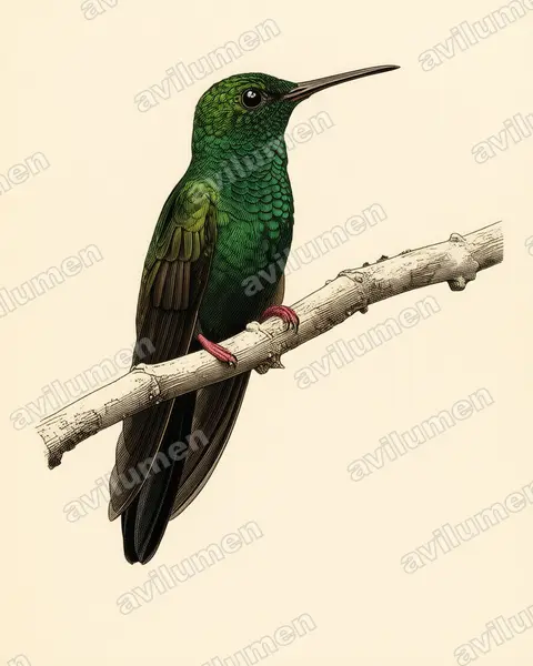 Illustration im Stil Historische Tafel: Bronzeschwanz-Buffonkolibri (Chalybura urochrysia)