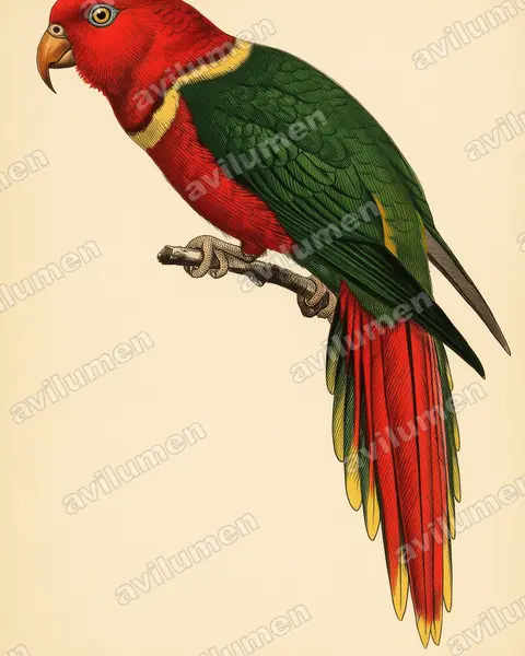 Ilustración en Lámina antigua: Charmosyna margarethae (Lori de Margarita)
