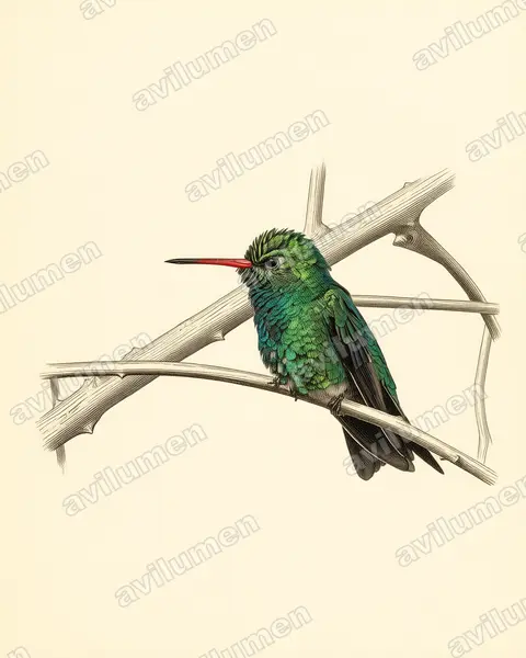 Illustration im Stil Historische Tafel: Goldbauch-Smaragdkolibri (Chlorostilbon lucidus)
