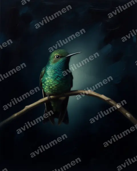西方翠蜂鸟（Chlorostilbon melanorhynchus）的油画插画
