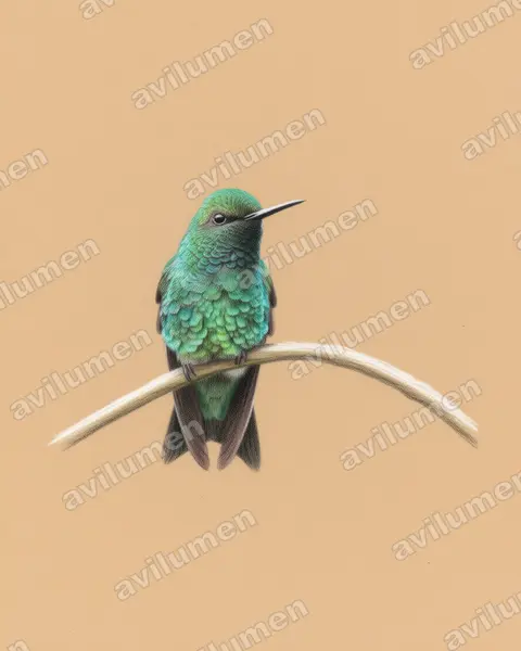 西方翠蜂鸟（Chlorostilbon melanorhynchus）的彩色铅笔插画