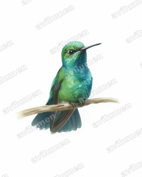Illustration im Stil Aquarell: Blauschwanz-Smaragdkolibri (Chlorostilbon mellisugus)