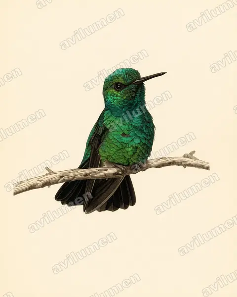 Illustration im Stil Historische Tafel: Blauschwanz-Smaragdkolibri (Chlorostilbon mellisugus)
