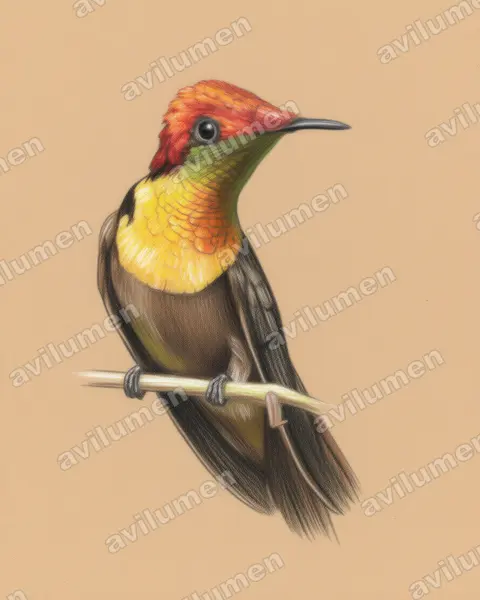 Illustration Crayon de couleur : Chrysolampis mosquitus (Colibri rubis-topaze)
