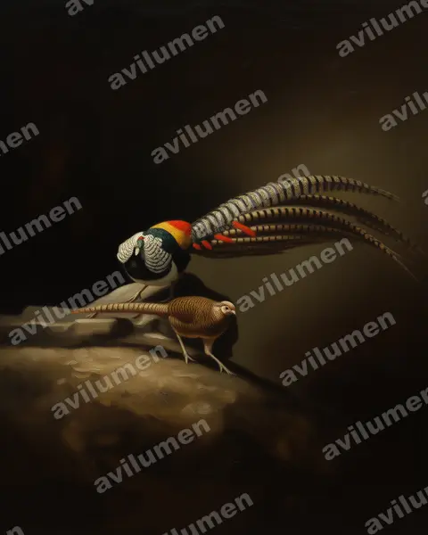 Illustration Huile : Chrysolophus amherstiae (Faisan de Lady Amherst)