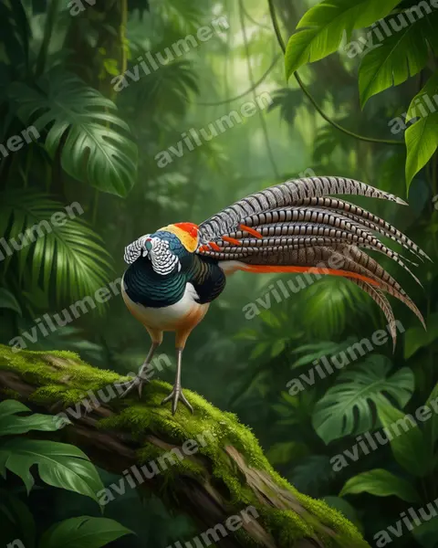 Illustration Réaliste : Chrysolophus amherstiae (Faisan de Lady Amherst)