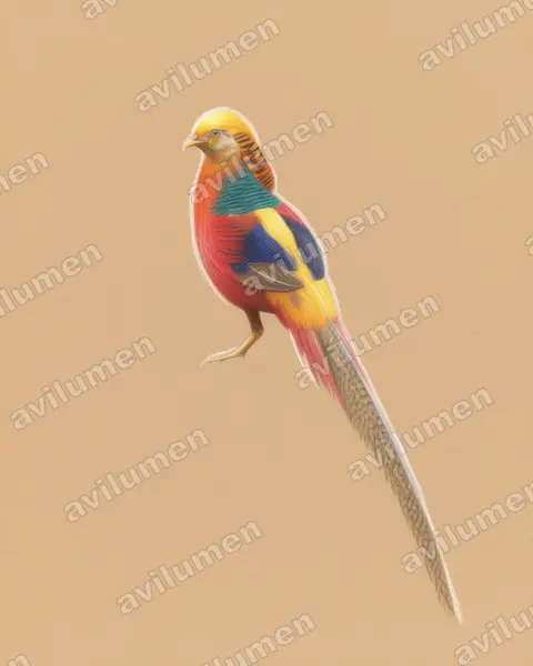 Colored pencil illustration: Chrysolophus pictus (Golden Pheasant)