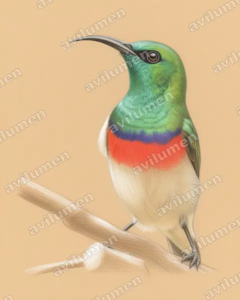 Ilustración en Lápiz de color: Cinnyris chalybeus (Suimanga acerado)