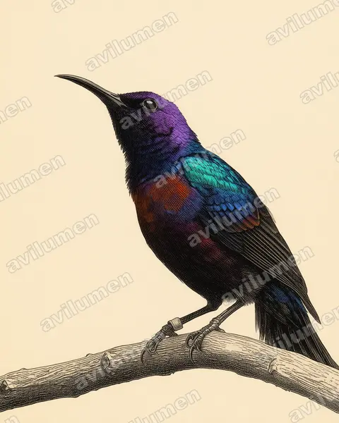 Splendid Sunbird(Cinnyris coccinigastrus)的古典图版插画