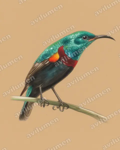 Ilustración en Lápiz de color: Cinnyris comorensis (Suimanga de Anjuán)