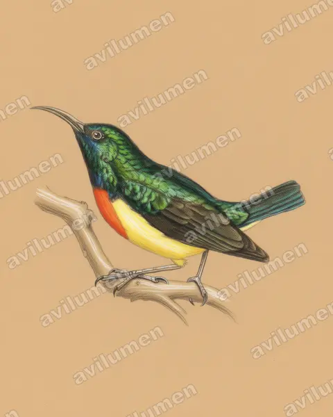 Illustration Crayon de couleur : Cinnyris coquerellii (Souïmanga de Mayotte)
