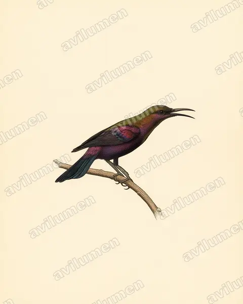 Ilustración en Lámina antigua: Cinnyris cupreus (Suimanga cobrizo)