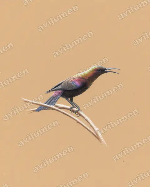 Ilustración en Lápiz de color: Cinnyris cupreus (Suimanga cobrizo)