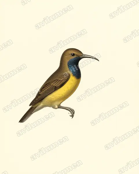 Illustration im Stil Historische Tafel: Grünrücken-Nektarvogel (Cinnyris jugularis)