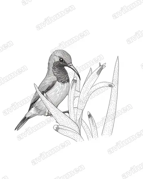 Illustration im Stil Tusche: Grünrücken-Nektarvogel (Cinnyris jugularis)