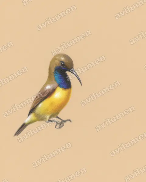 Illustration im Stil Buntstift: Grünrücken-Nektarvogel (Cinnyris jugularis)